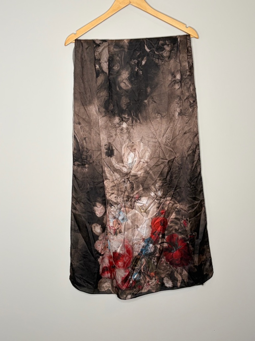 Floral Accent Black & Brown Lightweight Women's Silk Scarf 25”x70”